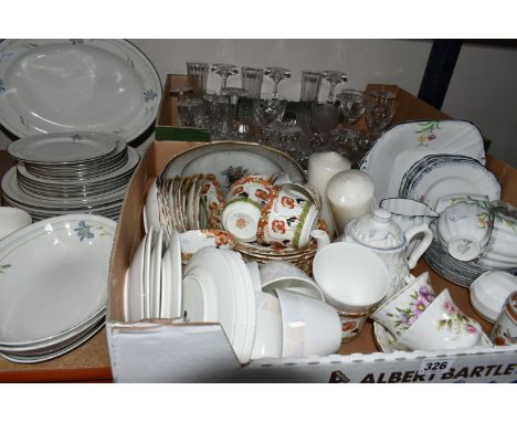 TWO BOXES OF CERAMICS AND GLASSWARE, to include a Royal Doulton 'Vogue' pattern dinner set, a Queen's China tea set, Royal Al