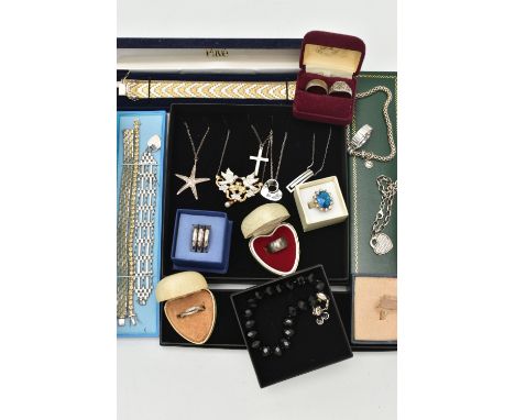 AN ASSORTMENT OF SILVER AND WHITE METAL JEWELLERY, to include three bi colour bracelets each fitted with integrated box clasp