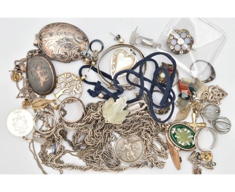 A BAG OF ASSORTED WHITE METAL JEWELLERY, to include a silver oval locket, hallmarked Birmingham, suspended from a fine curb l