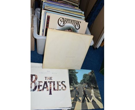 TWO BOXES AND A CASE OF RECORDS, approximately ninety LPs to include The Beatles (White Album), first pressing, serial no 015