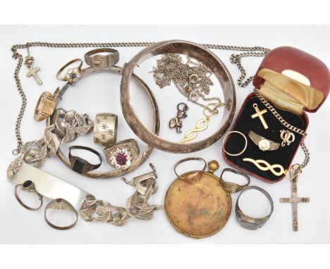 A BAG OF SILVER AND WHITE METAL JEWELLERY, to include a heavy silver identification bracelet, engraved tag reads 'Paul Love T