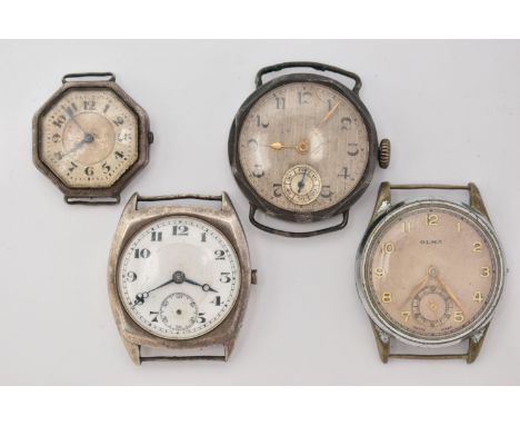 FOUR MID 20TH CENTURY WATCH HEADS, to include a white metal 'Olma' watch head, missing crown, approximate case width 30.9mm, 
