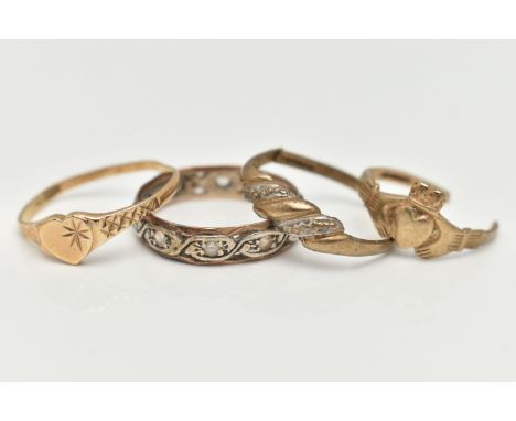 FOUR RINGS, to include an AF claddagh ring, hallmarked 9ct Birmingham, split shank, a diamond cut pattern heart signet ring, 
