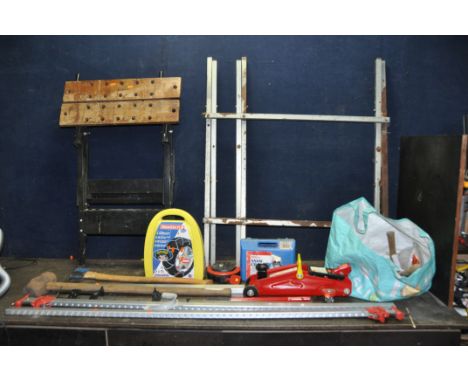 A COLLECTION OF TOOLS including a Sealey 2 tonne trolley jack, two sets of snow chains, three sash clamps, etc (12+)