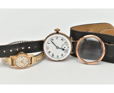 TWO GOLD WRISTWATCHES, to include a gents watch, manual wind, round white dial, Arabic numerals, subsidiary dial at the six o