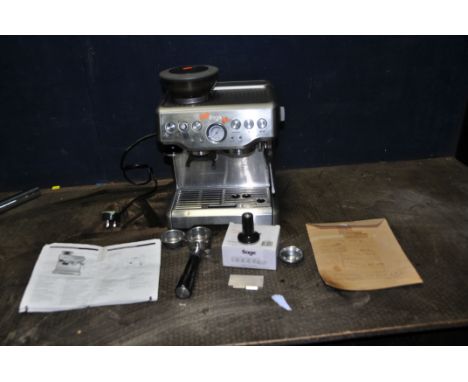 A SAGE 'THE BARISTA EXPRESS' BEAN TO CUP COFFEE MACHINE with manual, three single wall cups (for fresh ground beans), holder 