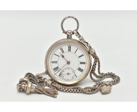 A WHITE METAL OPEN FACE POCKET WATCH, key wound, round white dial, Roman numerals, subsidiary dial at the six o'clock positio