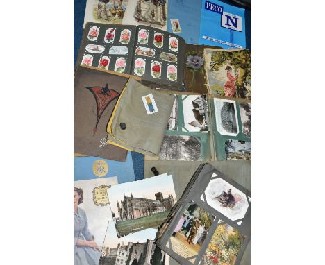 ONE BOX OF EPHEMERA comprising one album of vintage postcards, an album of cigarette cards, three giant postcards of St Alban