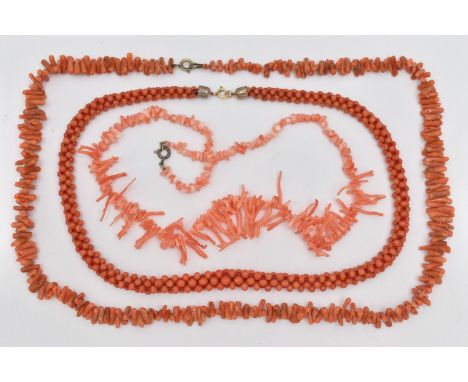 THREE CORAL BEAD NECKLACES, to include a small circular bead necklace fitted with spring clasp, length 440mm, a coral branch 