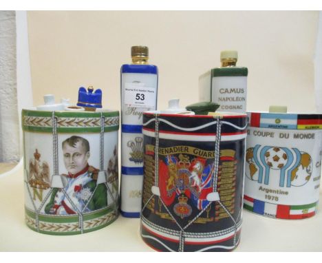 Five ceramic flasks to include Grenadier Guards and miscellaneous stoppers, drum, Napoleon Drum 