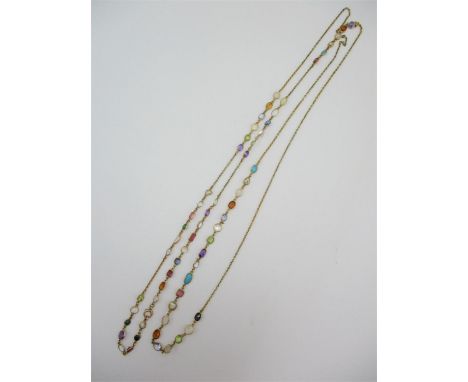 A 15 ct gold multi gem muff chain, with cable links and set with turquoise, moonstone, pearl, amethyst, peridot, opal, and ot