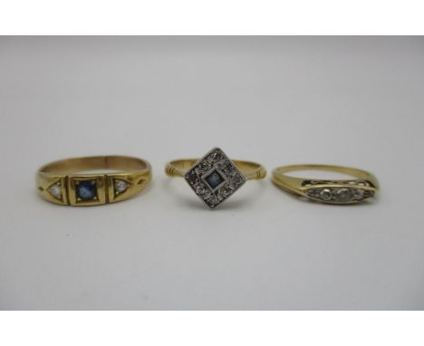 An 18ct gold, diamond and sapphire Art Deco style ring, size K, 2.1 g, together with a yellow metal, diamond and sapphire gyp