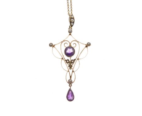 Early 20th Century amethyst and seed pearl and diamond set pendant, the three pearl set suspension loop stamped 15c, on a fin