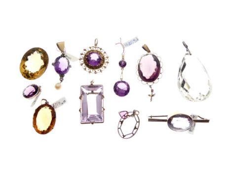 Collection of amethyst, citrine and paste mounted pendants, brooches, etc  