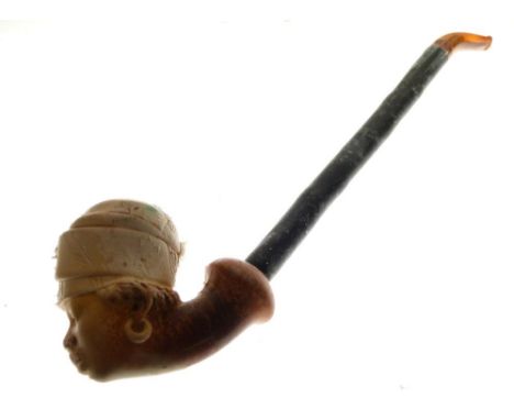 Meerschaum pipe carved as a mask head with head dress, cased  