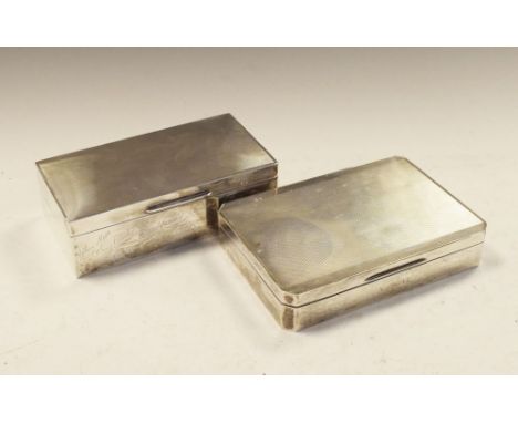 Rectangular silver desk top cigarette box having engine turned cover, the base monogrammed A.S.H. (A.S.Hadley), London 1955, 