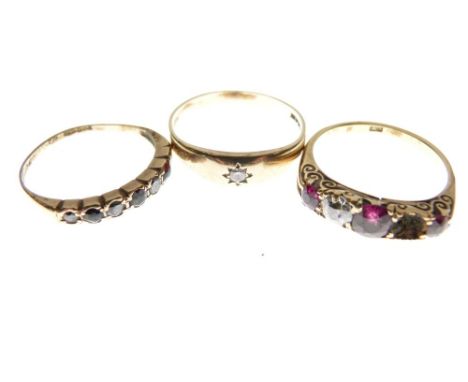 Dress ring set one diamond and three ruby coloured stones, the shank stamped 18ct, size S, a 9ct gold solitaire diamond ring,