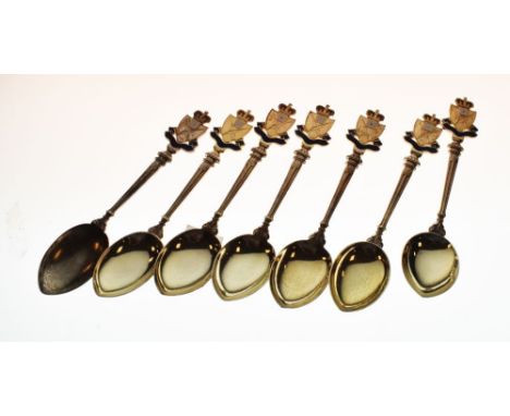 Set of seven George V silver and enamel Rifle Club teaspoons, Birmingham 1921, 4toz approx  