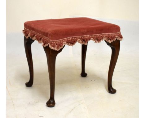 Stained beech rectangular dressing table stool raised on cabriole supports, 47cm wide  