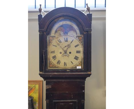 19th Century mahogany longcase clock having painted arched dial with moon phase, subsidiary seconds and date aperture, the ho