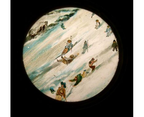Collection of ten magic lantern slides, the mahogany frames stamped A.A. Marlow, being a hand painted series of nine alpine r