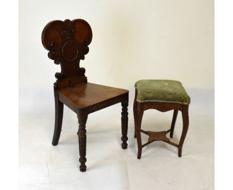 19th Century mahogany hard seat hall chair, together with an upholstered square stool  