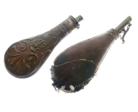 Brass and copper powder flask having embossed palmette decoration and one other leather powder flask  