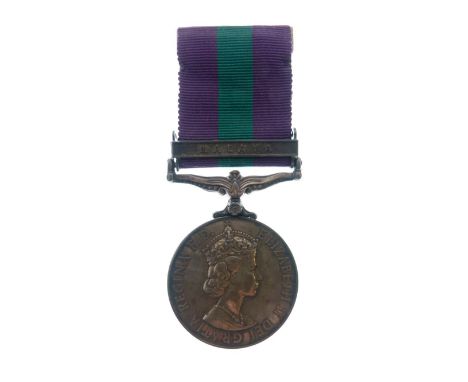 Queen Elizabeth II General Service Medal with Malaya clasp, awarded to T/23447368 Driver.P.J. Mullan of the Royal Army Servic