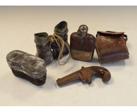 Opera glasses, silver plated hip flask, pocket pistol, etc  