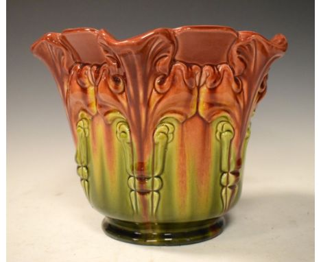 Bretby ceramic jardinière, having green and red glaze, 19cm high x 24cm diameter  