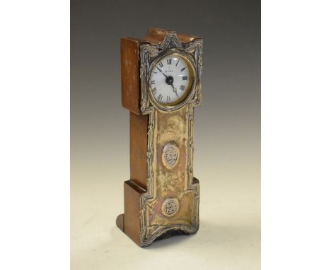 Silver cased pocket watch holder in the form of a longcase clock, with inscription 'A reminder of August 2nd 1912', having a 