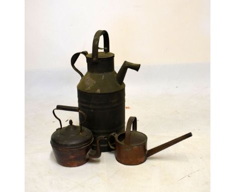 Large copper pouring vessel, kettle, watering can, brass postage scales, etc  