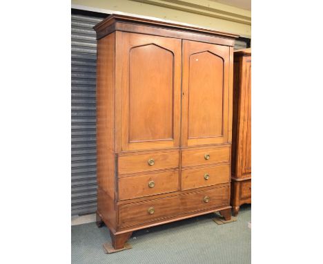 19th Century mahogany and string inlaid wardrobe fitted two lancet shaped panelled doors with faux drawer fronts below openin