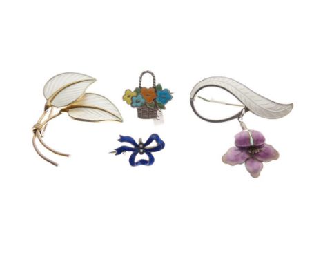 1960's period white metal and enamel Scandinavian jewellery comprising: two leaf brooch, bar brooch with pink orchid drop, a 