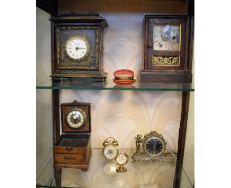 Late Victorian Postman's clock, one other mantel clock with quartz movement, a jewellery box with clock and various other tim