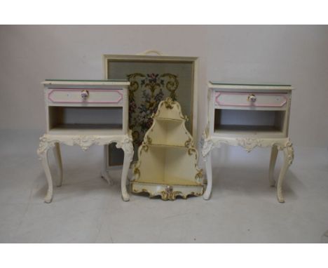 Pair of bow front white painted bedside tables, each fitted one drawer, a similarly decorated wall hanging corner shelf unit,