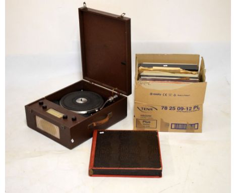 Decca record player/radio, having later turn table, in brown vinyl case, together with a quantity of records  