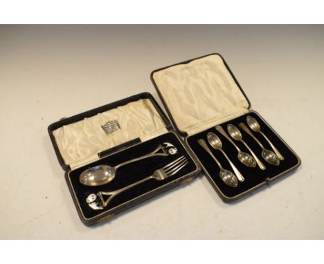 George V silver fork and spoon Christening set having enamelled panda decoration, Birmingham 1913, 1.8toz approx, and a set o