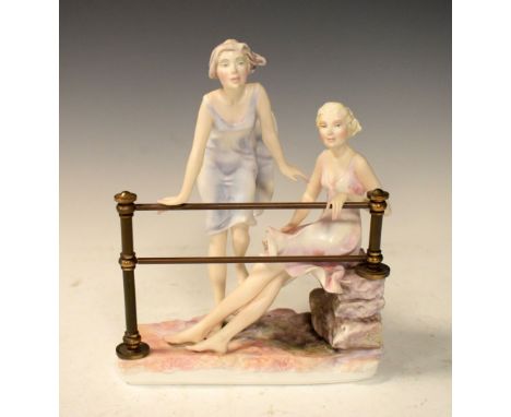 Albany, Worcester ceramic figure - Two girls peering over railings, 22cm high  