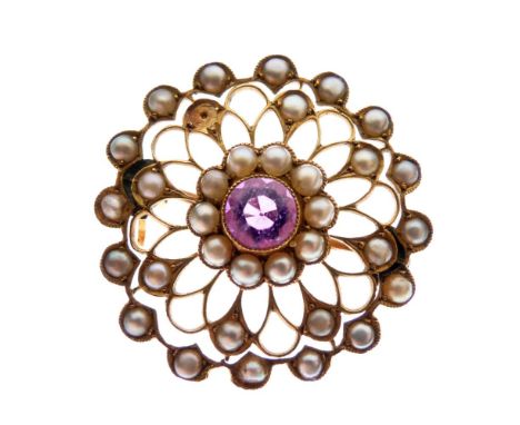 Floral design brooch set seed pearls and central amethyst, stamped 15ct, 3.5g gross approx  