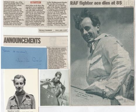 Squadron Leader Neville Frederick Duke DSO OBE DFC** AFC Signature and obituary notice of Desert air war ace 26 victories and