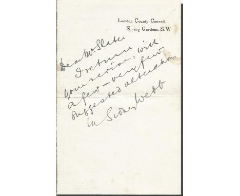 Sidney James Webb hand written note on personal stationary. 1st Baron Passfield OM PC 13 July 1859 - 13 October 1947 was a Br