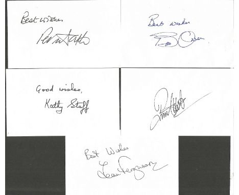 Last of the Summer wine signed white card collection. 5 cards signed by Russ Abbott, Peter Sallis, Jean Ferguson, Kathy Staff