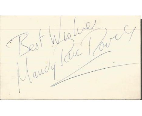Mandy Rice Davies signed white lined card inscribed best wishes. British model and showgirl best known for her association wi