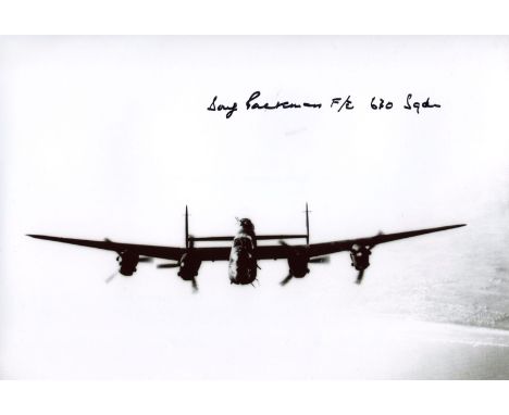 630 SQUADRON: 8x12 inch photo of a Lancaster bomber signed by Doug Packman, a Flight Engineer with 630 Squadron who completed