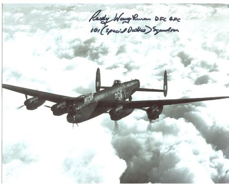 LANCASTER PILOT: 8x10 inch photo signed by Rusty Waughman DFC, who flew Lancaster Bombers with No101 Special Duties Squadron 