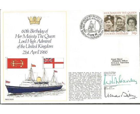 Admiral Sir William Staveley First Sea Lord and Admiral Sir R Fitch second Sea Lord signed 60th Birthday QEII official Navy c