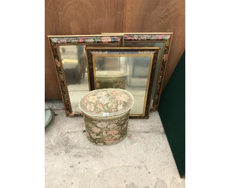 THREE DECORATIVE MIRROS AND AN ENAMEL LAUNDRY BASKET WITH TAPESTRY COVERING AND FRINGE 
