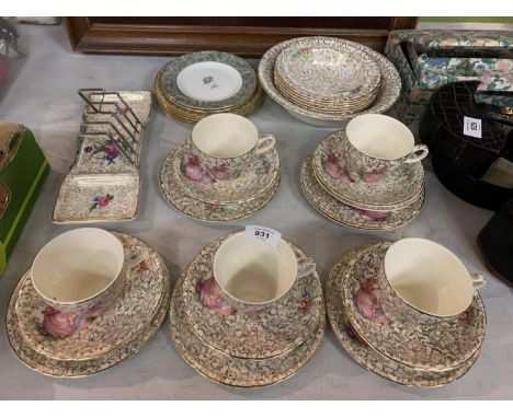 AN ASSORTMENT OF CERAMIC WARE TO INCLUDE FIVE FLORAL TRIOS, WEDGWOOD AND ROYAL DOULTON PLATES ETC 