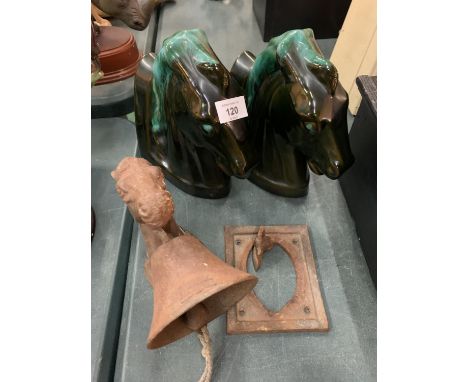 A PAIR OF RETRO CERAMIC HORSE HEAD BOOKENDS AND A HORSES HEAD BELL (A/F) 